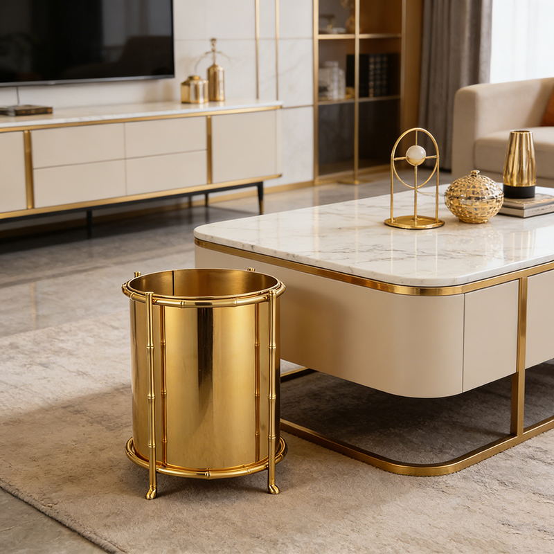 Bamboo-Frame Polished Brass Trash Can