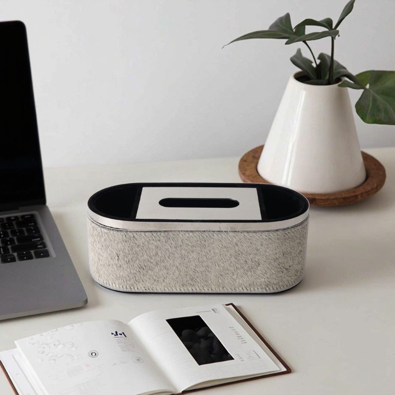 Iron & Faux Fur Leather Oval Tissue Box - Image 4