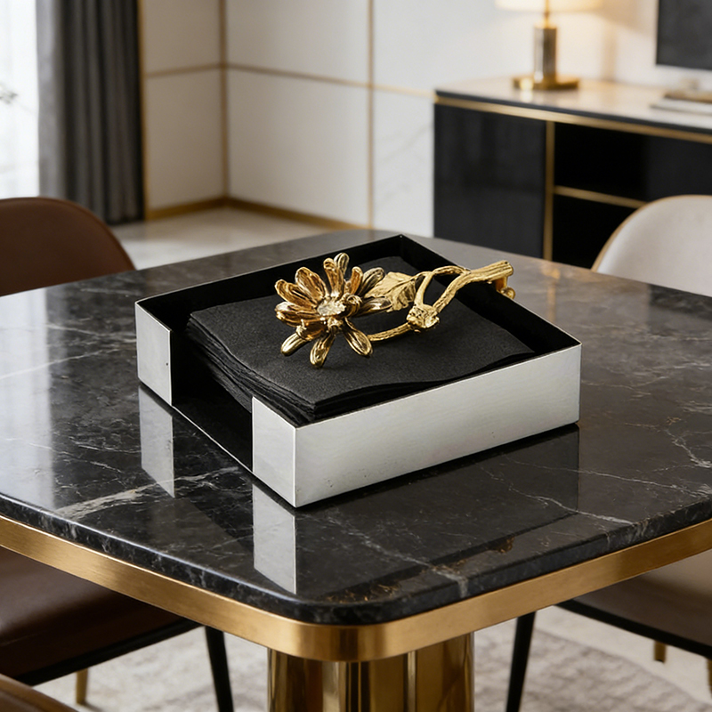 Stainless Steel & Alloy Floral Accent Square Tissue Box Set - Image 5